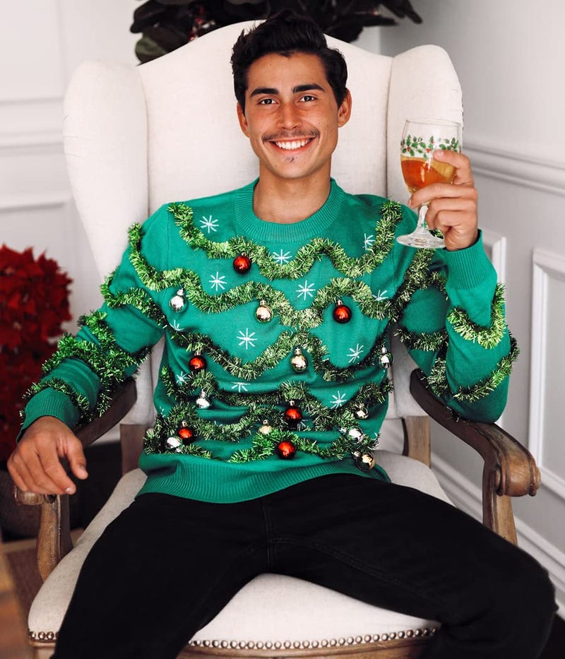 Tipsy Elves Men's Ugly Christmas Sweaters - Funny and Tacky Embellished Christmas Sweaters for Men - Green Gaudy Garland Christmas Sweater with Tinsel and Ornaments Size X-Large - Image 4
